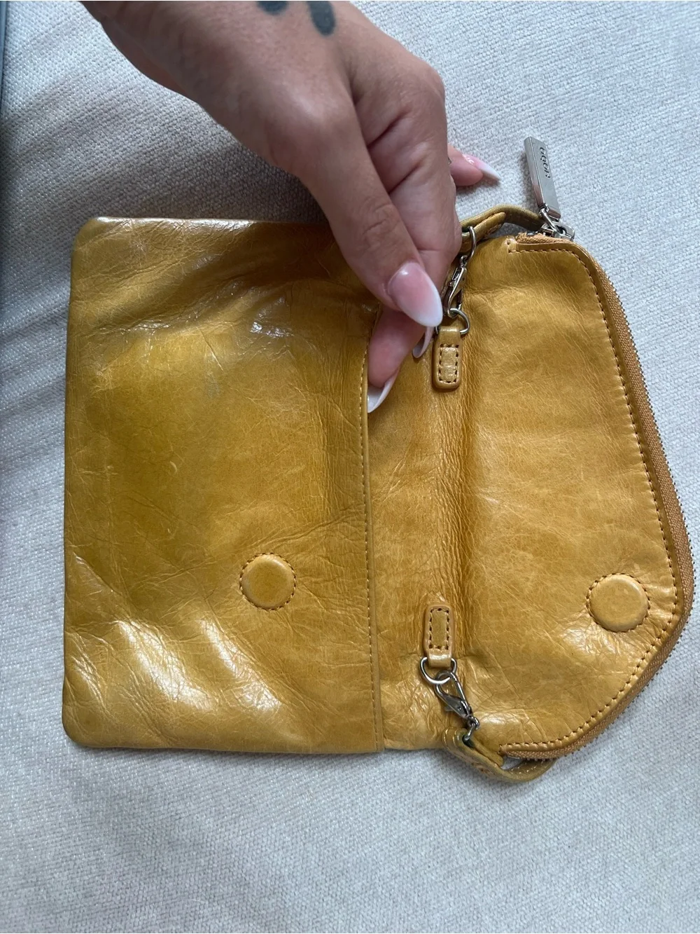 HOBO Leather Wristlet Clutch in Mustard Yellow